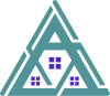 Logobild türkisfarbenes Dreieck mit drei Symbolischen Fenster als Quadrate